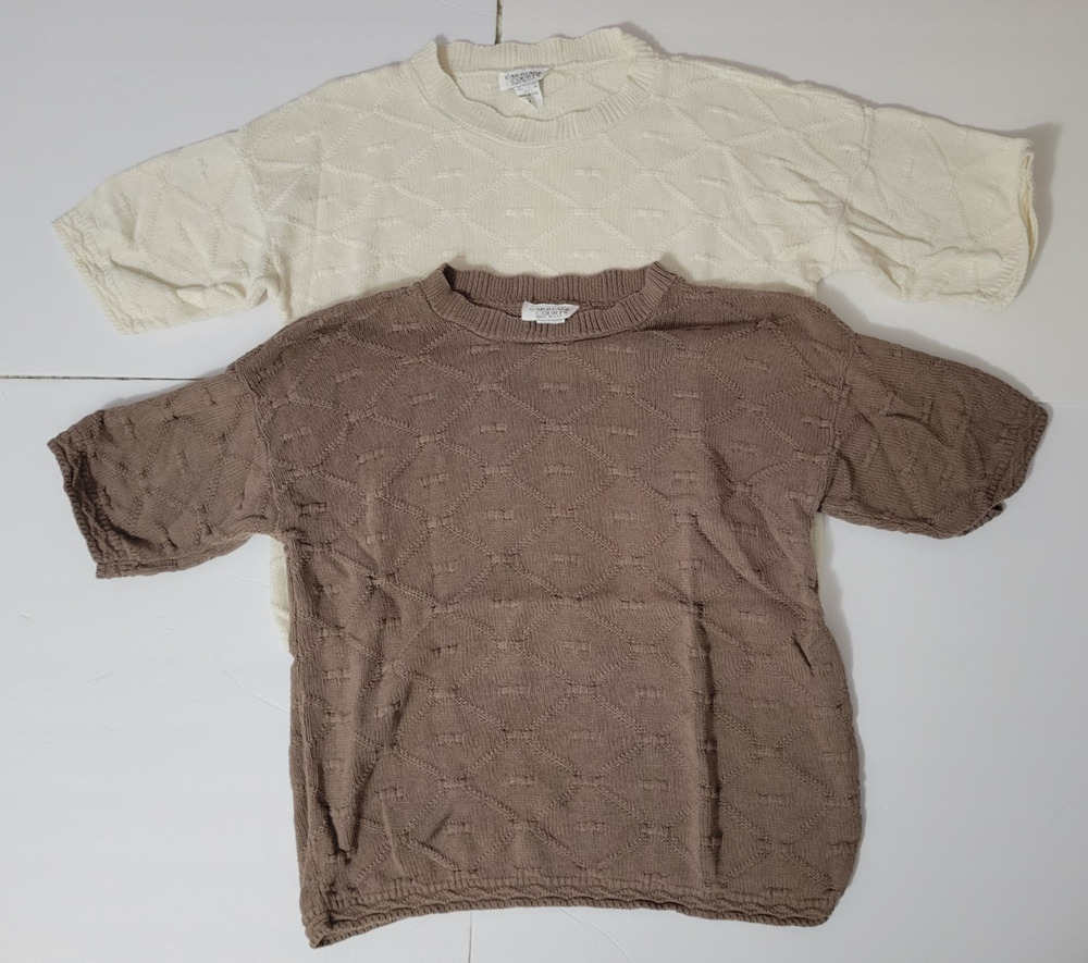 Vintage Carriage Court Womens M Short Sleeve Knit Sweaters Lot 2 Beige Brown
